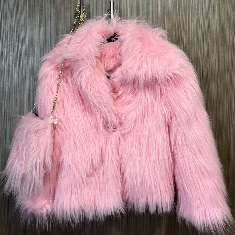 Kids Pink Faux Fur Coat - Plush Jacket and Matching Purse